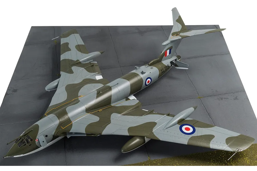 A high-angle view of a fully assembled and painted Airfix 1/72 scale Handley Page Victor B.2 model aircraft, displayed on a simulated tarmac base.