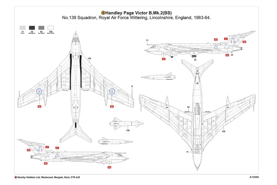 A technical diagram showing painting and decal placement instructions for an Airfix 1/72 Handley Page Victor B.2 model aircraft kit.