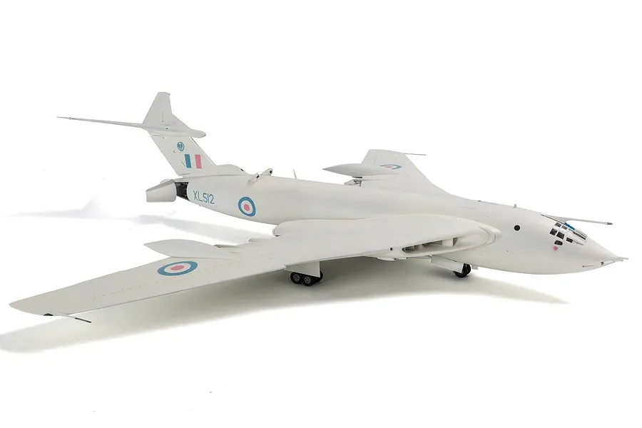 A 1/72 scale plastic model of a Handley Page Victor B.2 bomber, finished in white with RAF markings, viewed from the rear three-quarter angle.