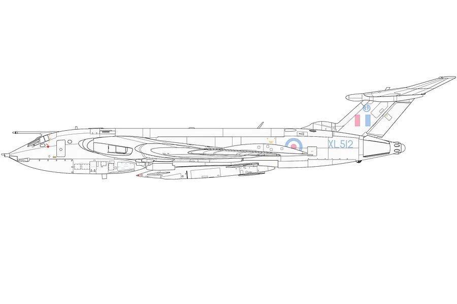 A side-profile line drawing of a Handley Page Victor B.2 bomber, showing the aircraft's silhouette with RAF markings and the serial number XL512.
