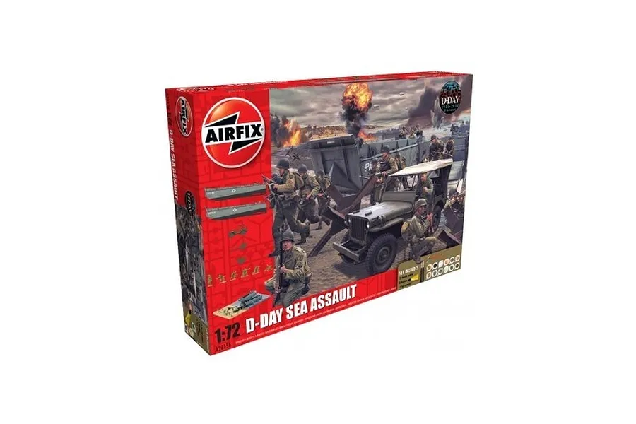 Airfix 1/72 scale D-Day 75th Anniversary Sea Assault plastic model kit box showing military vehicles and soldiers on a beach.