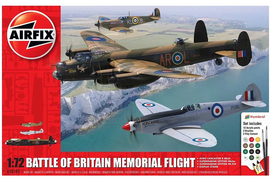 Airfix 1/72 scale Battle of Britain Memorial Flight model kit box art featuring a Lancaster bomber and two Spitfires flying over a coastline.