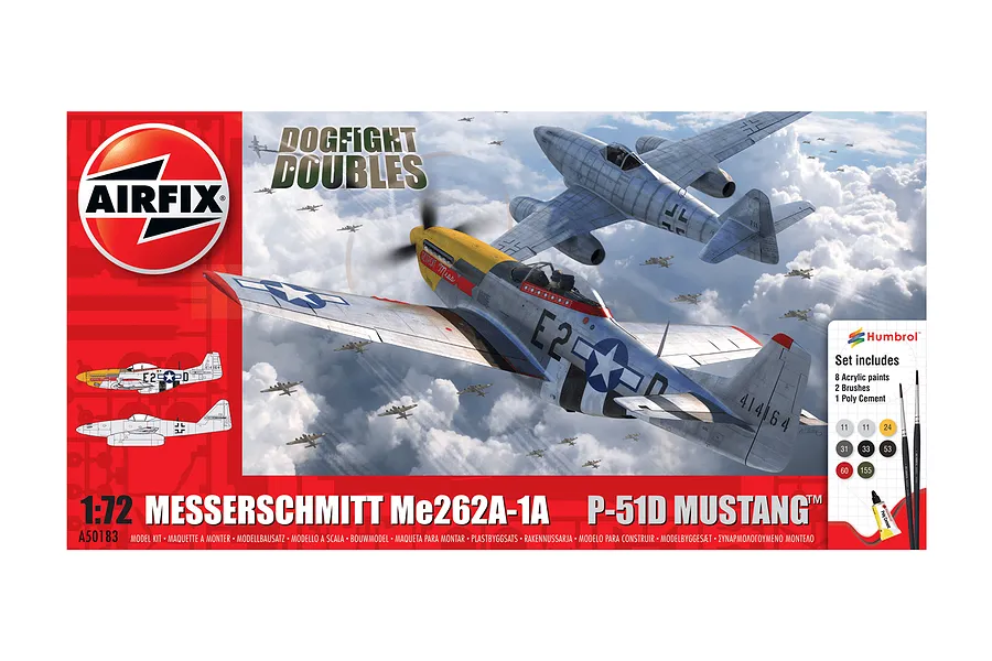 Airfix 1/72 Messerschmitt Me 262 &amp;amp; P-51D Mustang Dogfight Double Scaled Plastic Model Kit Medium Starter Set image 46484