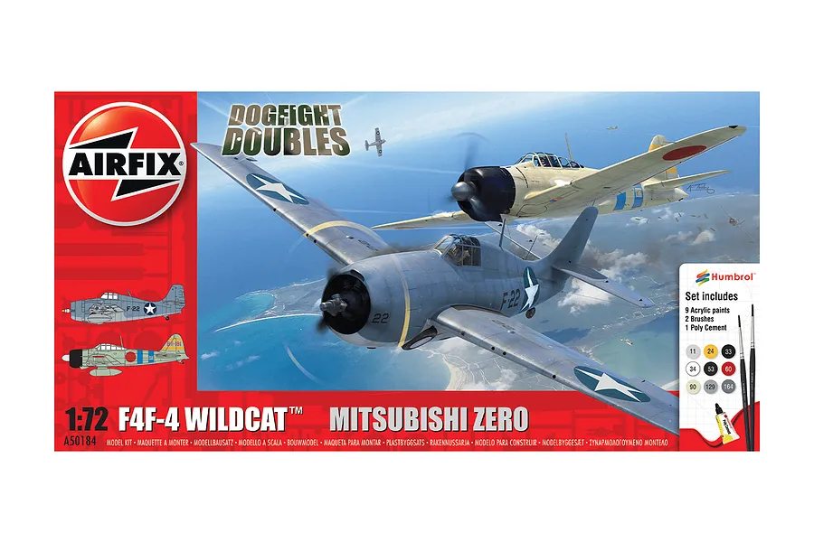 Airfix 1/72 Grumman F4F-4 Wildcat &amp;amp; Mitsubishi Zero Dogfight Fighter Double Scaled Plastic Model Kit Medium Starter Set image 46486