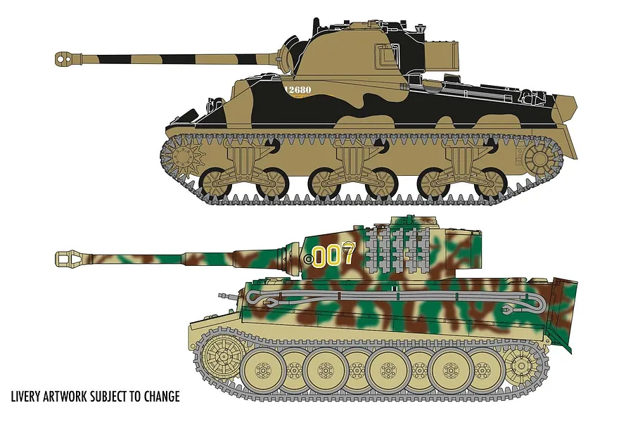 Side-profile illustration of a Sherman Firefly and a Tiger I tank, showing camouflage patterns and markings for an Airfix model kit.