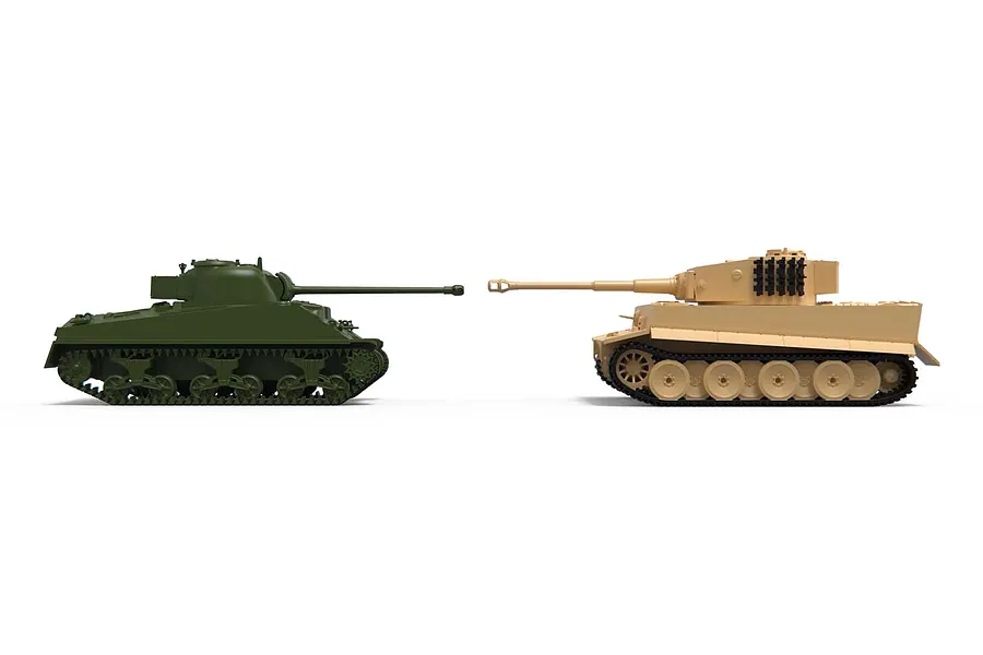 Side view of two unpainted plastic model tanks, a green Sherman Firefly and a tan Tiger I, facing each other on a white background.