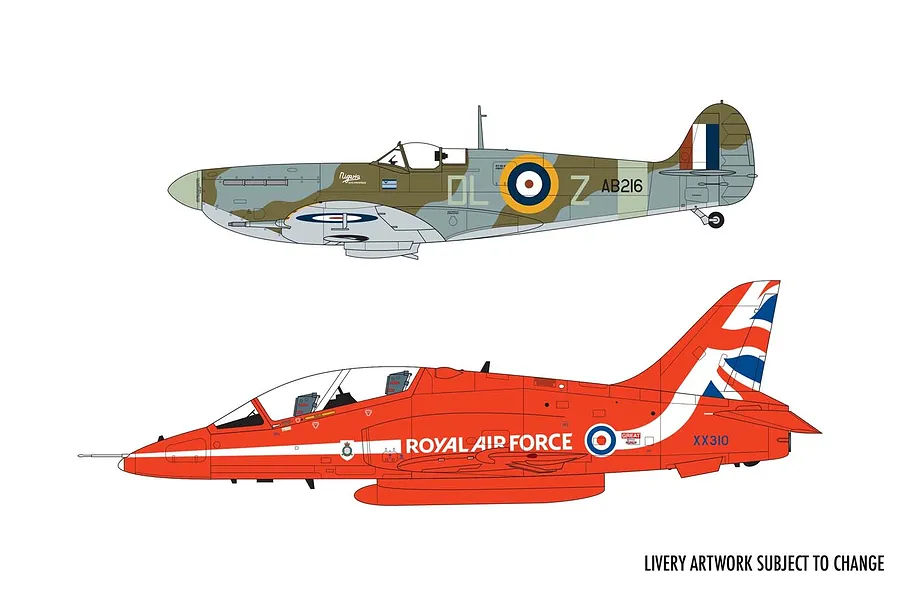 Side profile illustration of a camouflage Spitfire and a bright red RAF Hawk trainer aircraft.