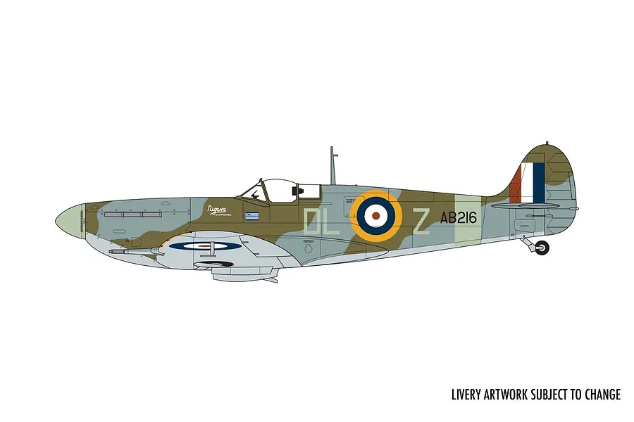 A side-profile digital illustration of a Supermarine Spitfire Mk.VC in camouflage livery with RAF markings and the text Nigeria on the fuselage.