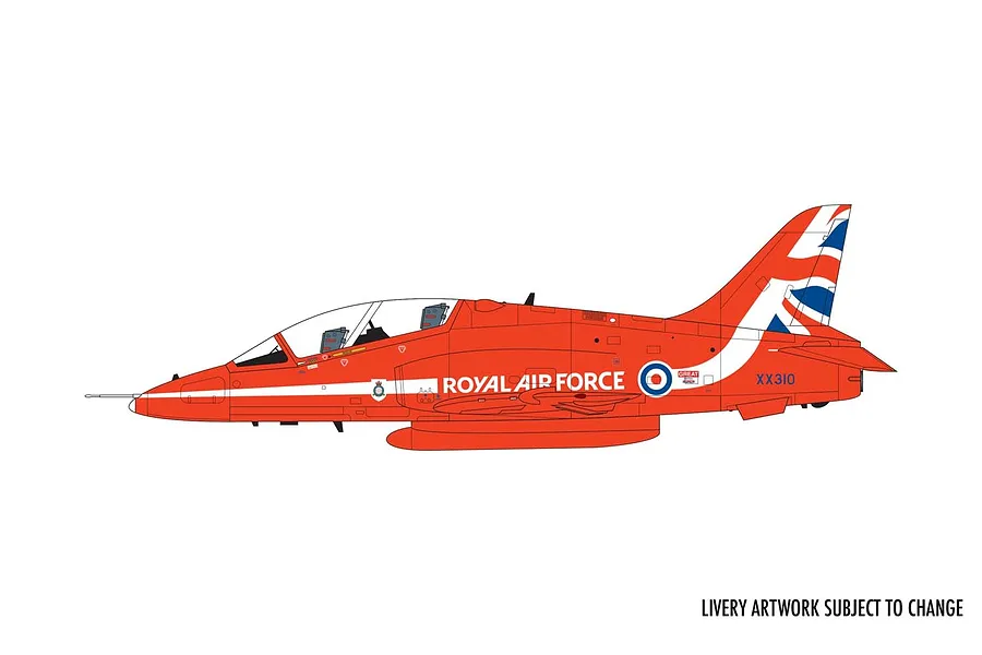 A digital side-profile illustration of a red Royal Air Force Hawk trainer aircraft with Union Jack tail markings.
