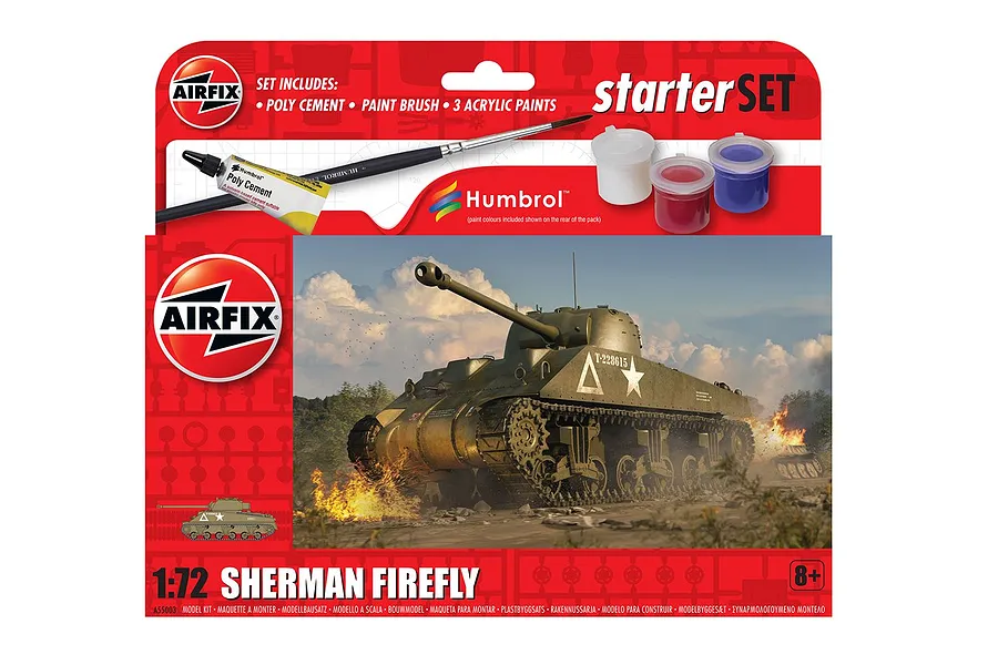 Airfix 1/72 Sherman Firefly tank model kit starter set in red packaging, including paints, brush, and glue.