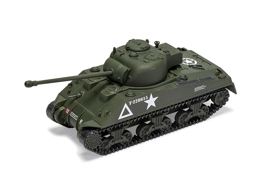 A fully assembled and painted 1/72 scale model of a Sherman Firefly tank in olive drab green with white military markings on a white background.