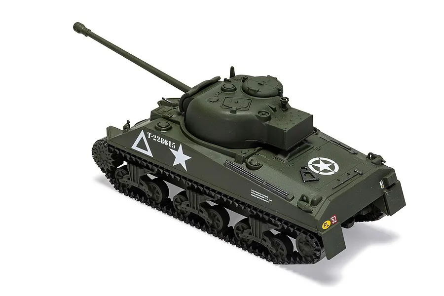 A fully assembled and painted 1/72 scale Sherman Firefly tank model in olive green with white military markings, viewed from a high angle.