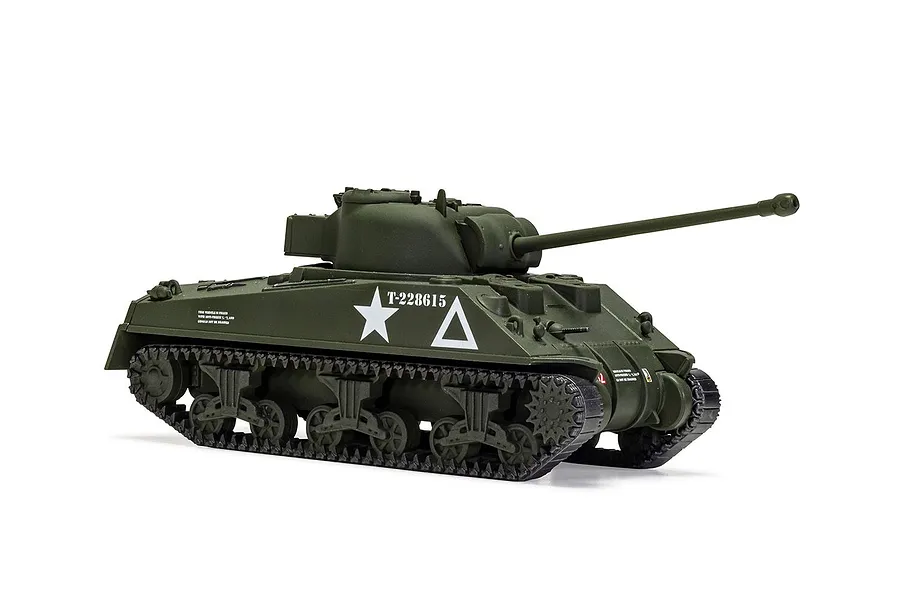 A side-profile view of an assembled and painted 1/72 scale Airfix Sherman Firefly tank model on a white background.