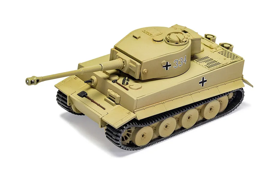 A fully assembled and painted 1/72 scale plastic model of a German Tiger I tank, featuring a desert tan paint scheme and the number 334 on the turret.