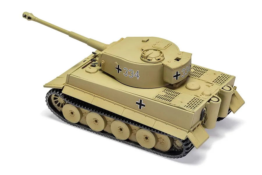 A 1/72 scale plastic model of a German Tiger I tank, painted in desert tan with black cross markings and the number 334 on the turret.