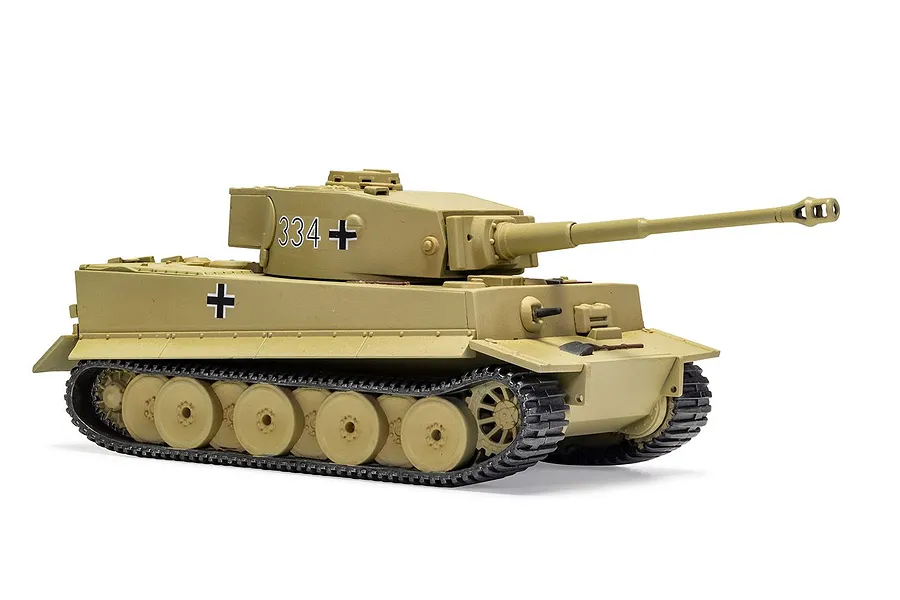 A fully assembled and painted 1/72 scale Tiger 1 tank model in desert tan camouflage with German markings, isolated on a white background.