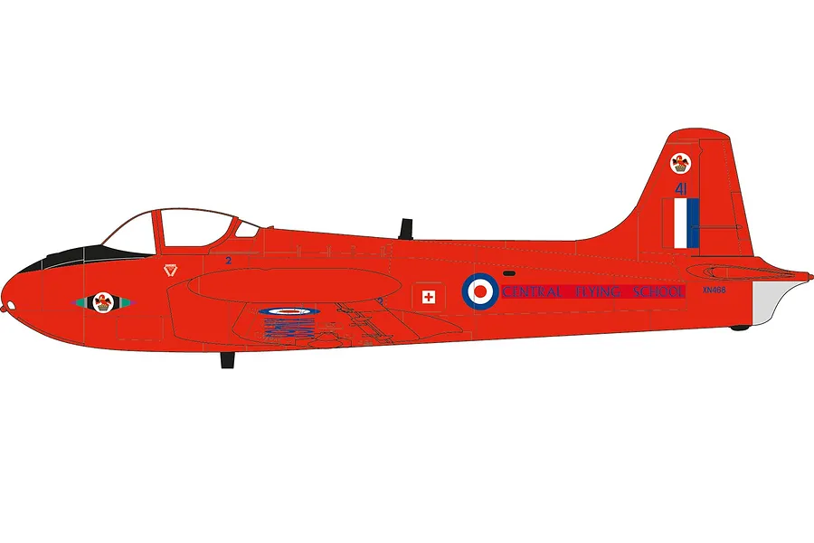 A side-profile digital illustration of a bright red Hunting Percival Jet Provost T3 aircraft with Central Flying School markings.
