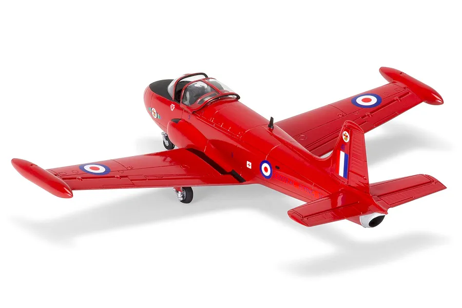 A completed 1/72 scale model of a red Hunting Percival Jet Provost T3 aircraft, viewed from the rear three-quarter angle against a white background.