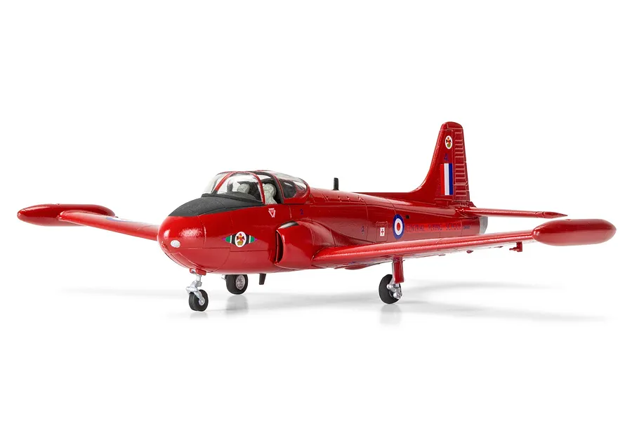 A fully assembled and painted 1/72 scale plastic model of a red Hunting Percival Jet Provost T3 aircraft on a white background.
