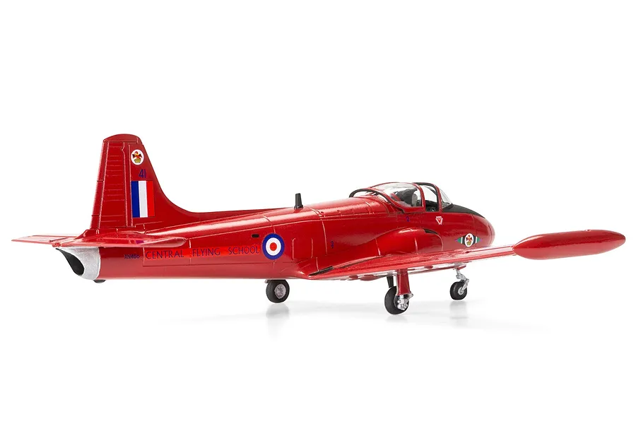 A side-profile view of a red Hunting Percival Jet Provost T3 model aircraft with Central Flying School markings against a white background.