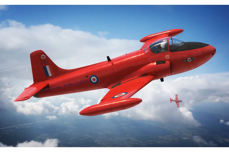 A digital illustration of two bright red Hunting Percival Jet Provost T3 aircraft flying in formation against a blue sky with white clouds.