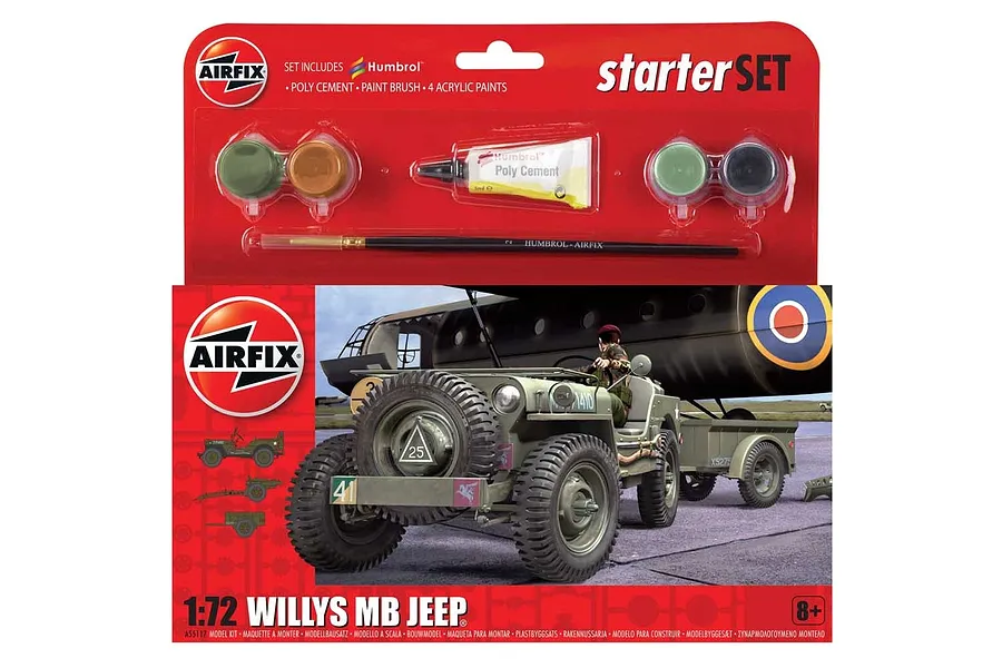 Airfix 1/72 scale Willys MB Jeep starter set model kit in retail packaging with included paints, brush, and glue.
