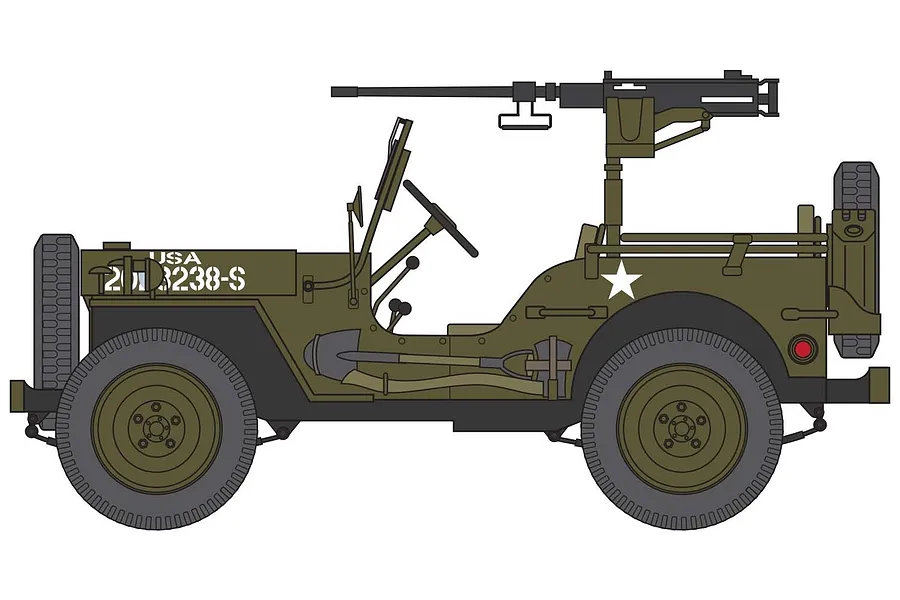 A side-profile illustration of a military Jeep MB with a mounted machine gun, painted in olive drab with white markings.