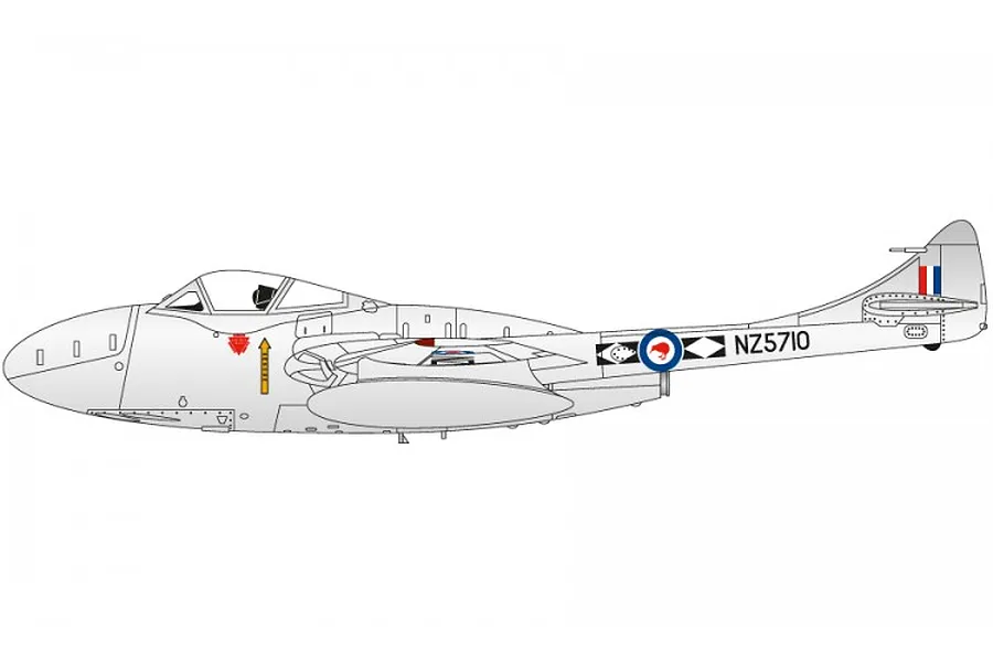 A side-profile digital illustration of a silver de Havilland Vampire T.11 jet aircraft with New Zealand Air Force markings.