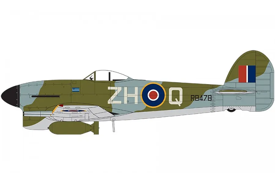A side-profile digital illustration of a Hawker Typhoon fighter aircraft in camouflage livery with RAF markings.