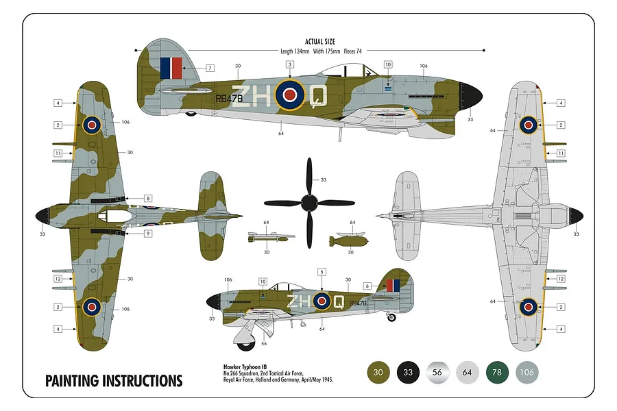 Painting and decal placement guide for an Airfix 1/72 Hawker Typhoon IB model kit, showing top, side, and bottom views with numbered color references.
