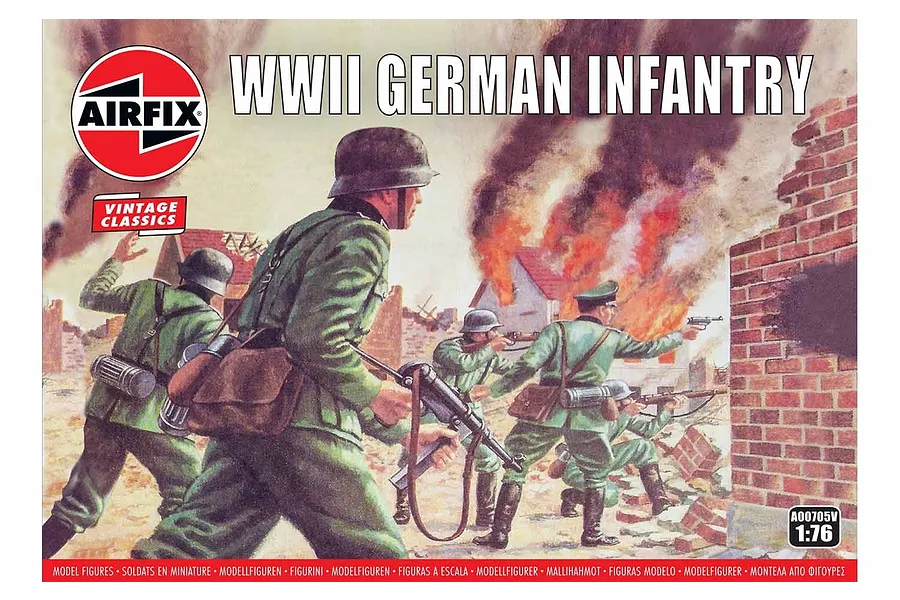 Airfix WWII German Infantry 1/76 scale model kit box art showing soldiers in a battlefield scene.