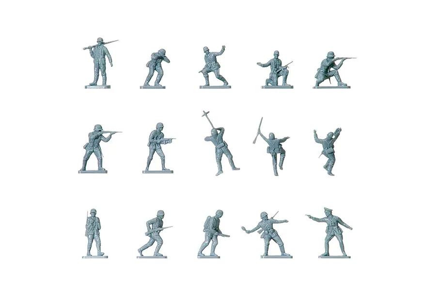 A set of 15 unpainted grey plastic WWII German infantry soldier figures in various action poses, arranged in three rows of five.