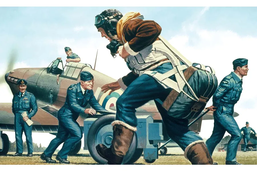 Box art illustration for Airfix 1/76 RAF Personnel model kit showing pilots and ground crew around a vintage fighter plane.