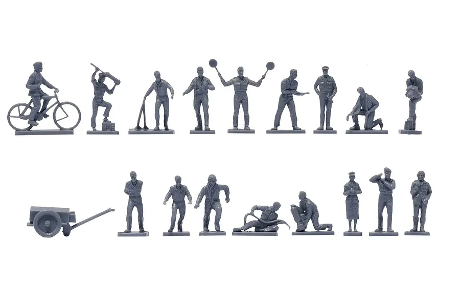 A collection of unpainted grey plastic RAF personnel figures and a small cart for a 1/76 scale model kit.