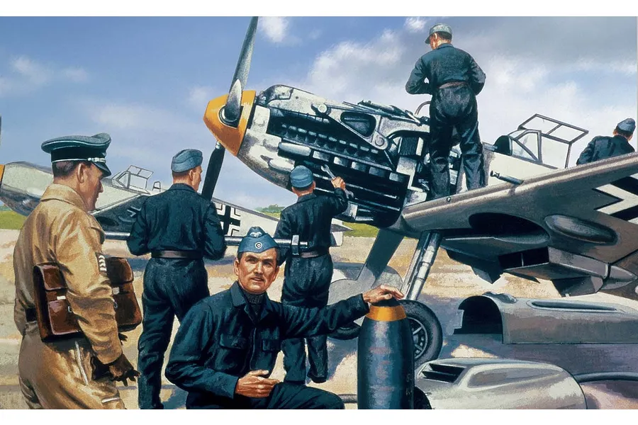 An illustration of Luftwaffe ground crew working on a Messerschmitt Bf 109 fighter aircraft on an airfield.
