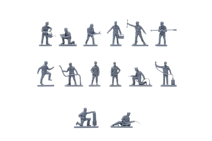 A collection of 14 unpainted grey plastic Luftwaffe ground crew figures in various poses, arranged in three rows against a white background.