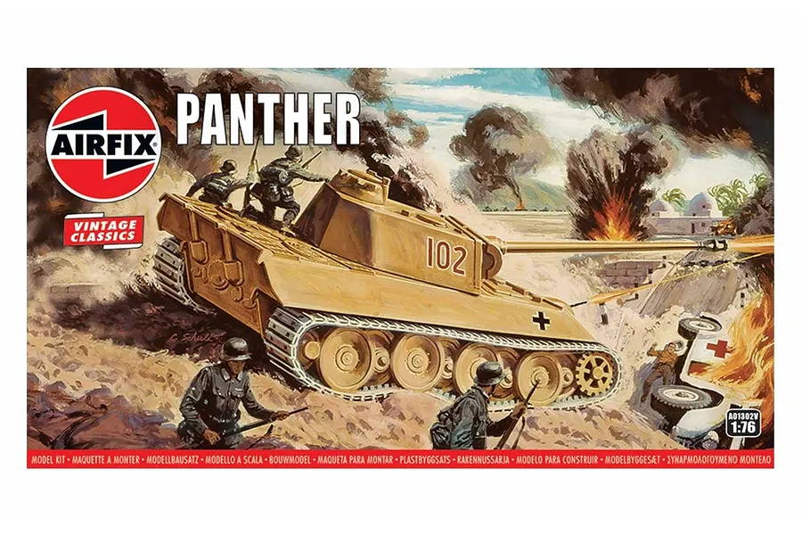 Airfix 1/76 scale Panther tank plastic model kit box art showing a tank in a desert battle scene with soldiers.