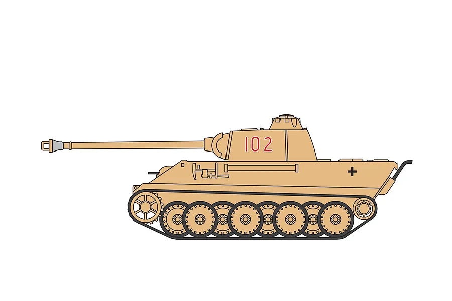 A side-profile illustration of a German Panther tank in tan camouflage with the number 102 on the turret.