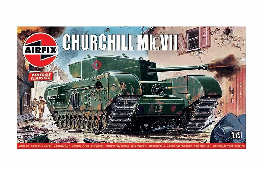 Airfix 1/76 scale Churchill Mk.VII tank model kit box art showing a green tank in a war-torn street scene.