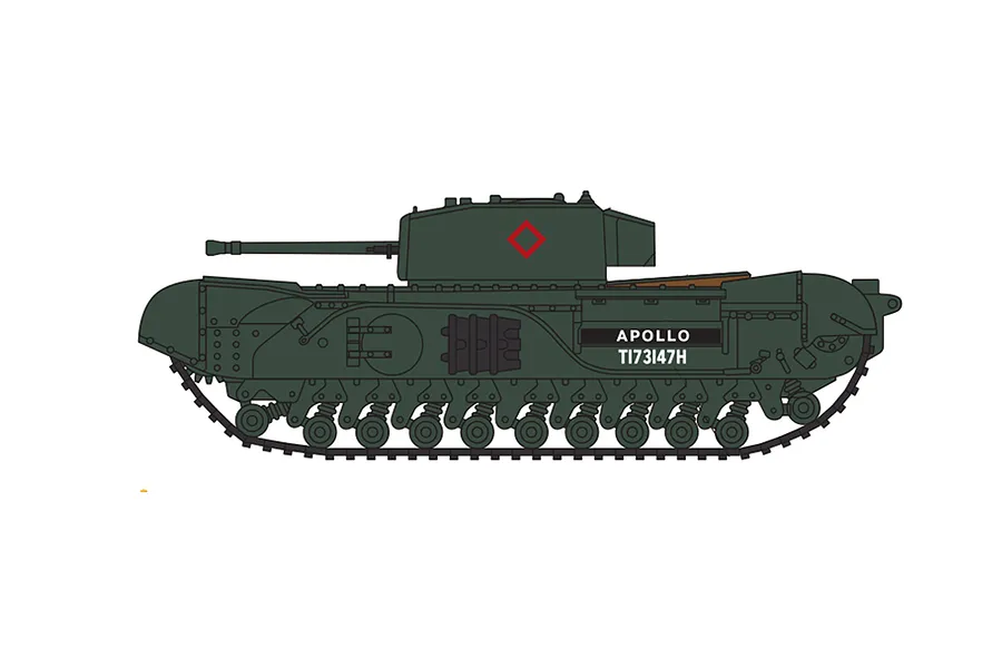 A side-profile digital illustration of a green Churchill Mk.VII tank with the name APOLLO and serial number T173147H printed on the side.