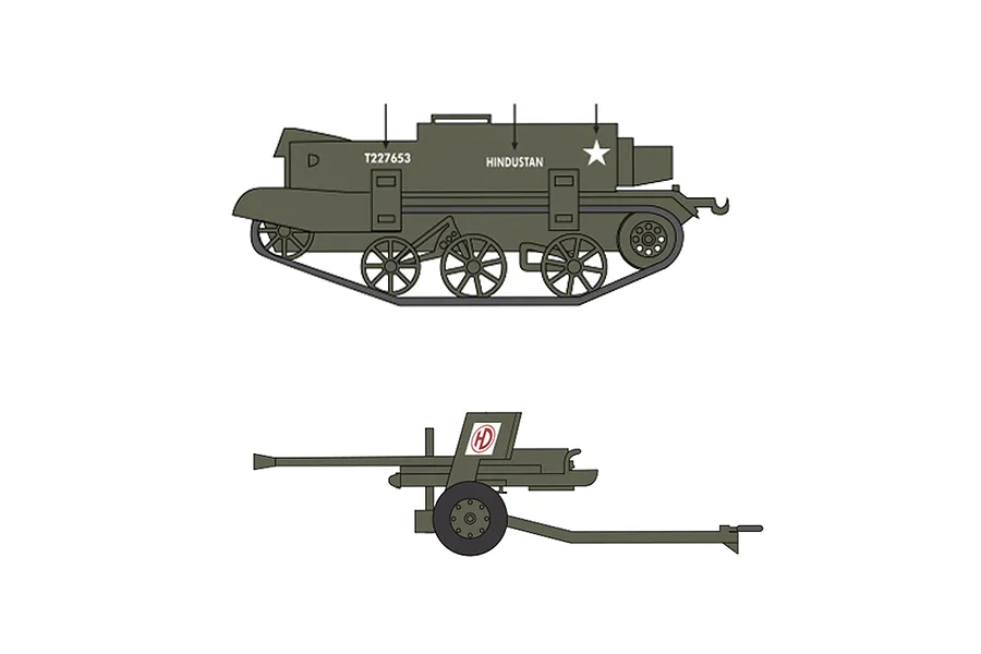 A side-view illustration of a Bren Gun Carrier and a 6-pounder anti-tank gun in olive green, showing decal placement markings.