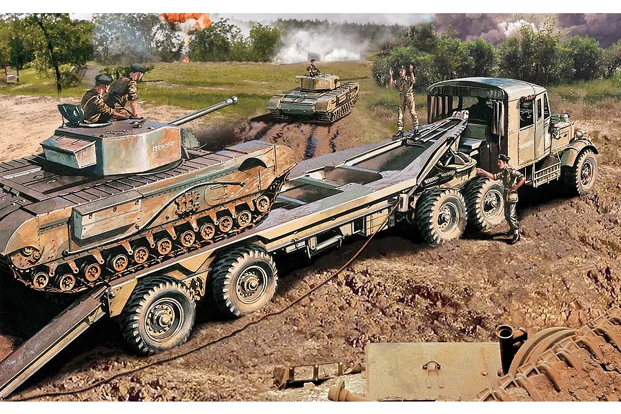Box art illustration for an Airfix 1/76 scale Scammell Tank Transporter model kit showing a truck loading a tank in a battlefield setting.