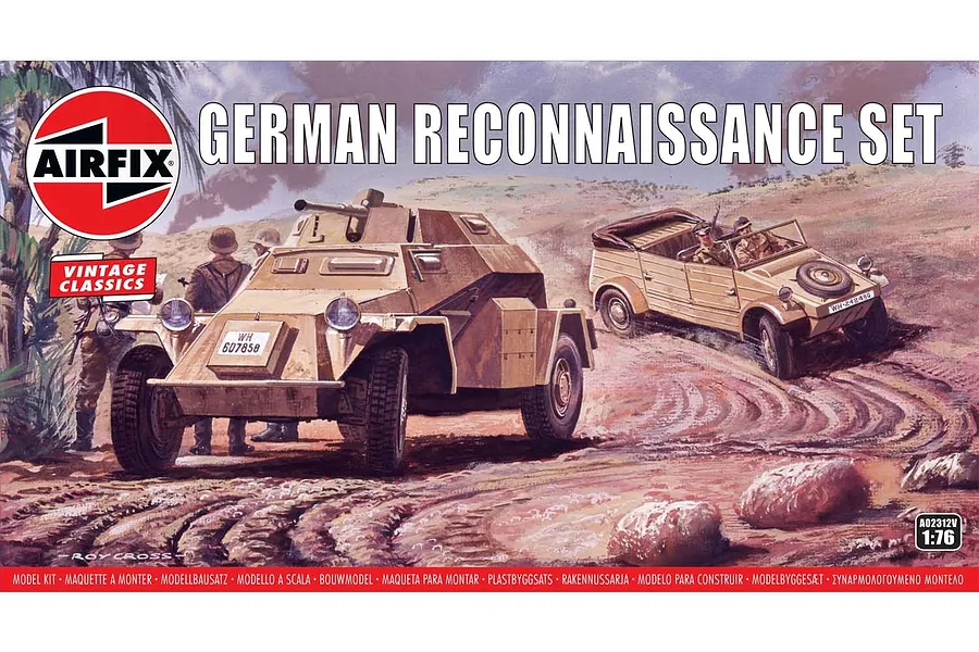 Airfix German Reconnaissance Set 1/76 scale model kit box art featuring a painted illustration of two military vehicles on a dirt road.