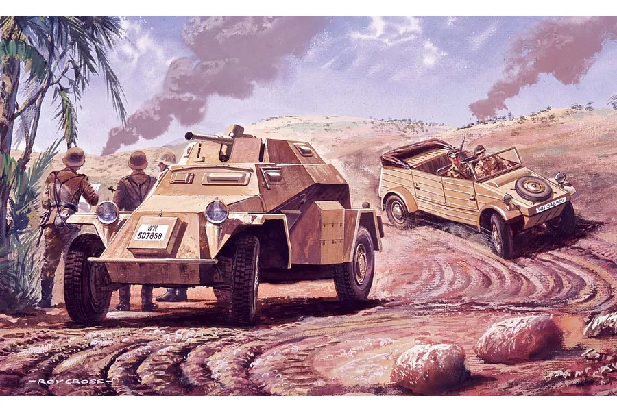 Box art illustration for an Airfix 1/76 scale model kit showing a German armored car and a Kubelwagen in a desert landscape with soldiers.