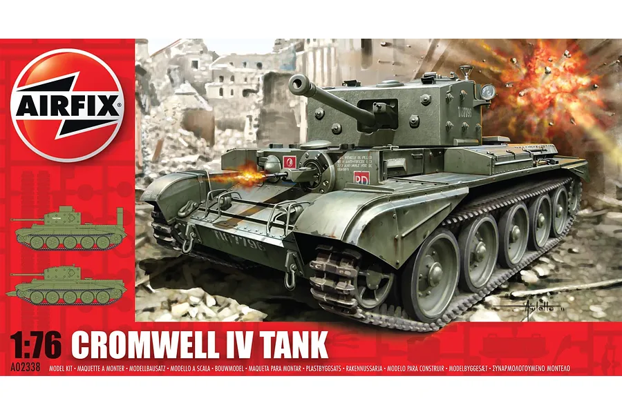 Airfix 1:76 scale Cromwell IV Tank plastic model kit box art showing a green tank firing in a war-torn urban setting.