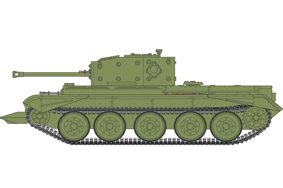 A side-profile digital illustration of a green Cromwell Cruiser tank, showing the hull, turret, main gun, and tracks.
