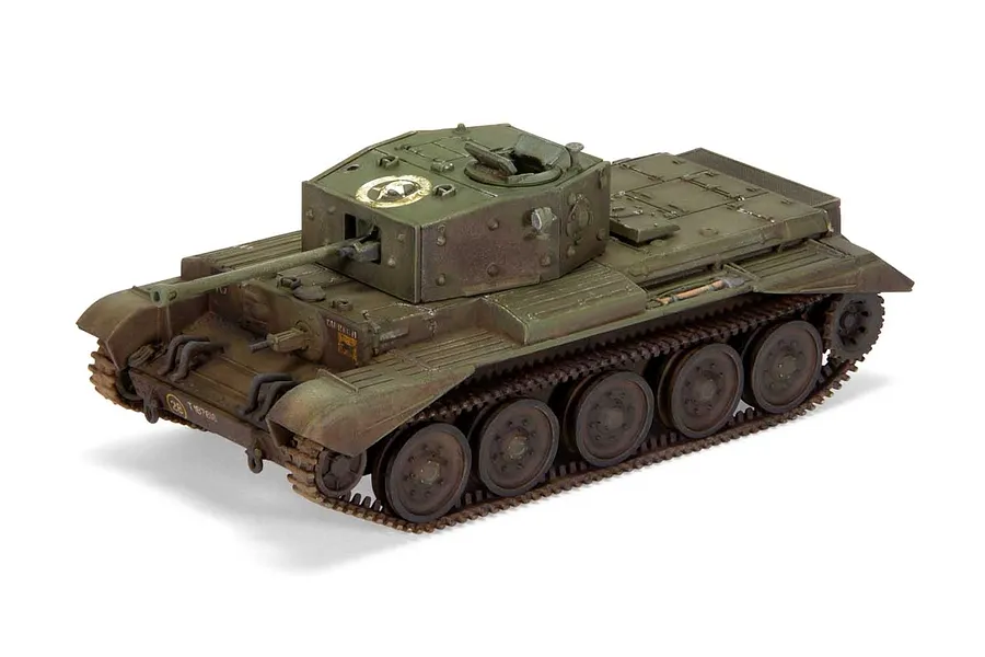 A fully assembled and painted 1/76 scale model of a British Cromwell Cruiser tank in olive drab camouflage.