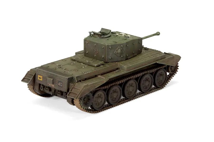 A fully assembled and painted 1/76 scale model of a British Cromwell Cruiser tank, viewed from the rear three-quarter angle against a white background.