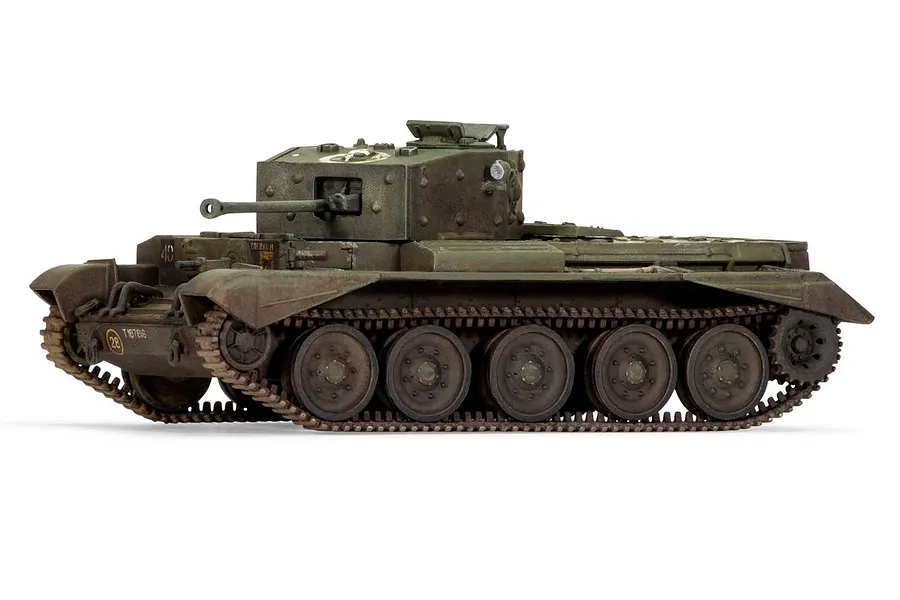 A side-profile view of an assembled and painted 1/76 scale Airfix Cromwell Cruiser tank model, featuring weathered olive green camouflage.
