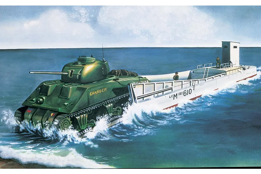 An artistic illustration of a green Sherman tank driving off an LCM3 landing craft into the ocean surf.